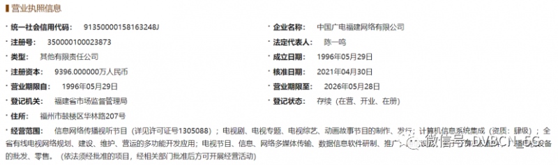 第六家福建东南广电网络更名为中国广电福建网络有限公司